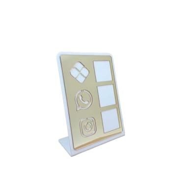 Imagem de Placa Pix Display em Plastico PS Mesa Balcão PIX Zap Instagram Interativo (ECONÔMICO)(Branco & Dourado)
