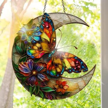 Imagem de Apanhador solar de acrílico colorido, decoração de janela suspensa de borboleta com design de vitral impresso, apanhador de sol, arte de parede de arco-íris, ornamentos de Natal para uso interno e