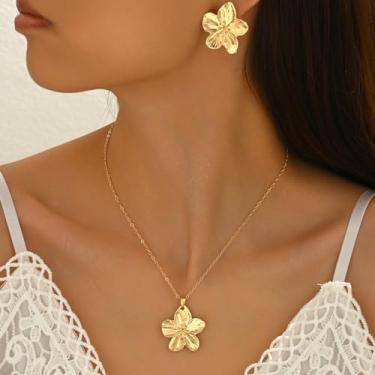 Imagem de Conjunto de joias de flor de ouro para mulheres, colar com pingente floral texturizado e brincos combinando, conjunto de declaração de flores vintage, leve, presente elegante para casamentos, festas e