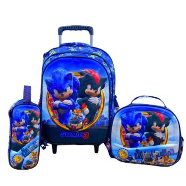 Imagem de Kit Mochila Sonic Rodinha Infantil Resistente Escolar Menino - Generic