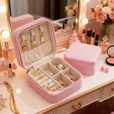 Imagem de Mini estojo de viagem, pequena caixa organizadora de joias de couro PU portátil para brincos e colares, presente para mulheres, meninas