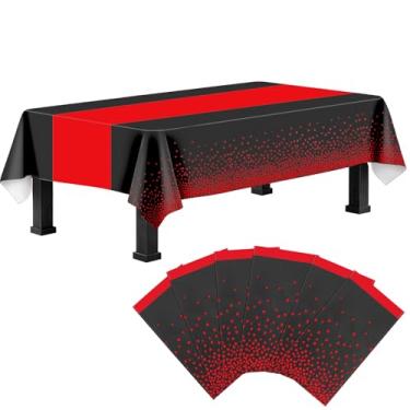 Imagem de Ammbeetty Toalha de mesa retangular de plástico, 6 unidades de toalha de mesa descartável, preta e vermelha, capa de plástico retangular para decoração de festa de aniversário, aposentadoria de Natal