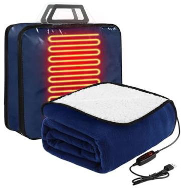 Imagem de Glooglitter Cobertor elétrico aquecido 127 cm x 152 cm, elétrico, 5 V, alimentado por USB com temporizador e controlador de temperatura para carro, inverno, viagem, casa, escritório, acampamento (azul