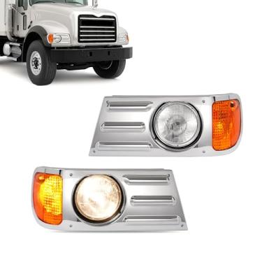 Imagem de HECASA Par de farol + luz de canto + moldura de farol com lâmpadas compatíveis com caminhão Mack CV713 para substituição de caminhão para 2MO534AM 2MO533AM capa de acabamento de farol frontal lâmpada