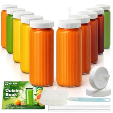 Imagem de Ruckae Pacote com 10 garrafas de suco de 473 ml, garrafas de vidro listradas com tampas, tampas e canudos, garrafa de água, copos para sucos, vitaminas, kombucha