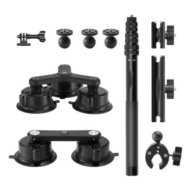 Imagem de YUULNMOP Kit de montagem de ventosa de carro triplo para câmera, kit de montagem de para-brisa de janela com bastão de selfie invisível de 1,1 m, compatível com Insta360 X4/X3/X2/ONE RS/OSMO Action 4