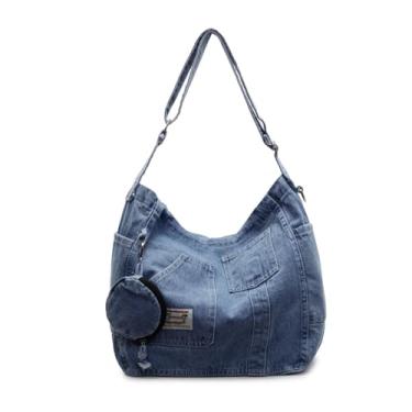 Imagem de Bolsa tiracolo jeans ajustável com bolsa de moedas, bolsa de ombro com vários bolsos para mulheres, bolsa de lona para viagens diárias, Azul, Medium