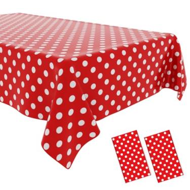 Imagem de OLIVBIN Pacote com 2 toalhas de mesa de bolinhas vermelhas, vermelhas e brancas, capa de mesa retangular de plástico descartável, adequada para mesas retangulares (137 x 272 cm)