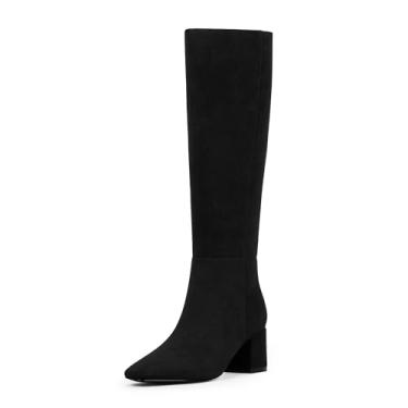 Imagem de VIUGJNEX Botas de cano alto femininas salto grosso bico quadrado botas altas para mulheres salto médio longo botas de outono com zíper lateral, Camurça preta, 38