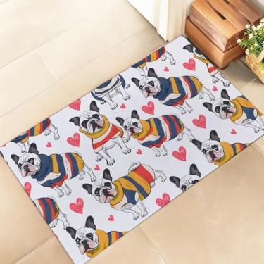 Imagem de amepay Tapete de porta interno de buldogue francês, capacho elegante de tecido não tecido de 43 x 75 cm com suéter listrado de cachorro e coração, capachos de desenho animado, para varanda, quarto