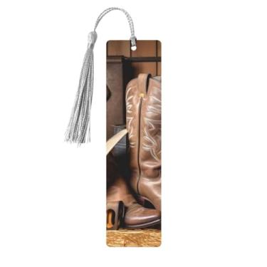 Imagem de Chapéu preto de caubói botas ocidentais estampadas marcadores de página de madeira personalizados, acessórios de livros exclusivos para homens e mulheres, atende a todas as necessidades dos amantes de