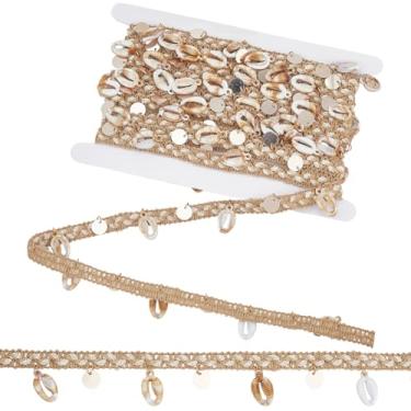 Imagem de PH PandaHall Guarnição de franja de concha boho, borda de plástico com lantejoulas estilo linho, acabamento decorativo oceano praia trança fita de renda para costura faça você mesmo, chapéu, cortina