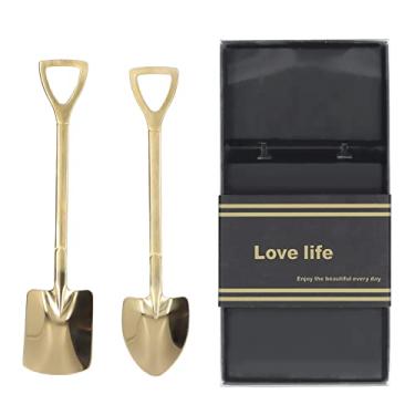 Imagem de Colheres de pá de aço inoxidável, design ergonômico, colheres de sobremesa duráveis ​​para sorvete, bolo, frutas, 2 peças, superfície brilhante (Conjunto Ouro [Caixa Preta])