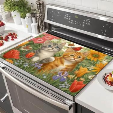 Imagem de HOMETITUTE Capas de fogão gêmeo para fogão elétrico 71 x 50 cm protetor de almofada de vidro decorativo resistente ao calor, tapete decorativo de cozinha para bancadas de fogão