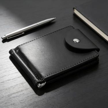 Imagem de Carteira masculina fina com fivela elegante com janela para identidade e compartimento para cartão traseiro carteiras com bolso frontal para homens, Preto, Simples