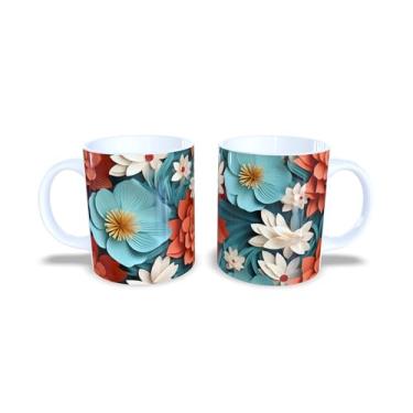 Imagem de Caneca de Cerâmica 325ml com Design de Flores 3D Coloridas, Estampa Floral Rosa, Azul e Amarelo (14128)