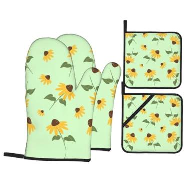 Imagem de Girassol - Conjunto de luvas de cozinha estampadas com suportes de tampa, luvas de forno resistentes ao calor para manusear panelas quentes, grelhar, churrascos, kit de 4 peças.