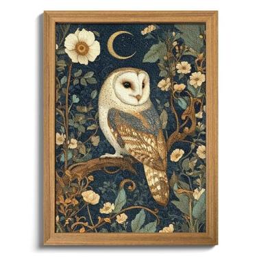 Imagem de Arte de parede emoldurada William Morris, decoração de parede de coruja vintage com textura 3D, arte botânica de arenito desenhado à mão, arte de flores Dark Academia para quarto, decoração de casa de