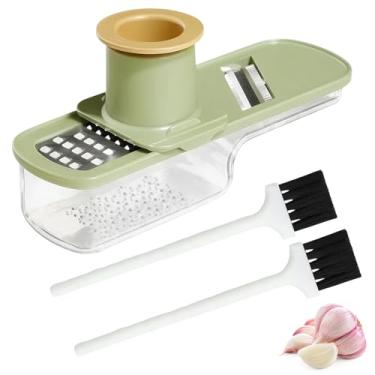 Imagem de Cortador de alho 3 em 1 superfino, conjunto de moedor de alho e gengibre com 1 ralador e 2 escovas de limpeza, lâminas de aço inoxidável, material ABS e PET, fácil de usar e limpar, essencial para