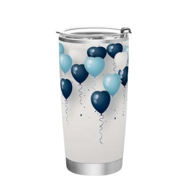 Imagem de Wassud Copo de balão branco azul com tampa e canudo de aço inoxidável de parede dupla copo isolado copo de viagem caneca de café para bebidas frias e quentes 350 ml
