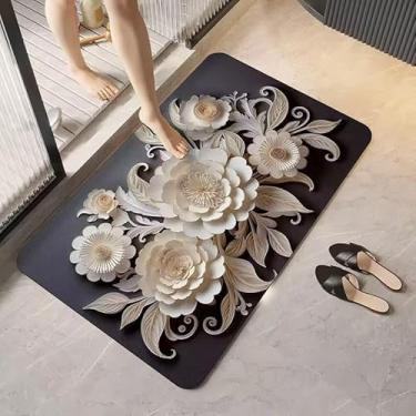 Imagem de Tapete Flores 5D de Microfibra Antiderrapante - Absorção Rápida, Ideal para Banheiro e Entrada, Decorativo e Confortávelção(FLORES A)