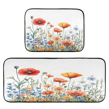 Imagem de Qilmy Tapetes de cozinha de flores silvestres aquarela 2 peças, tapete de entrada frontal, antiderrapante, alivia a fadiga, lavável, tapete para cozinha, quarto, varanda611