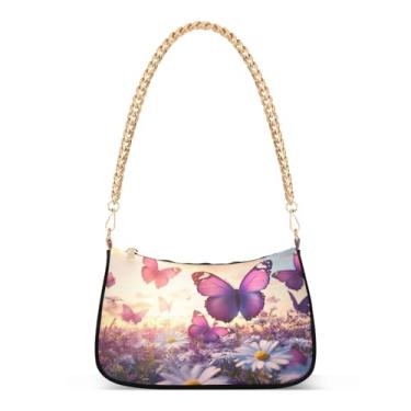 Imagem de CEBUGI Bolsas transversais femininas bolsa de ombro borboletas roxas margaridas brancas bolsa clutch elegante com alça de corrente