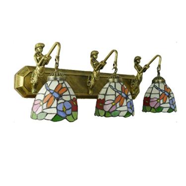 Imagem de Arandela de parede vintage com libélula, estilo Tiffany, com múltiplos braços e vitrais, ideal para banheiro, penteadeira ou corredor. Compatível com espelhos e iluminação frontal em formato