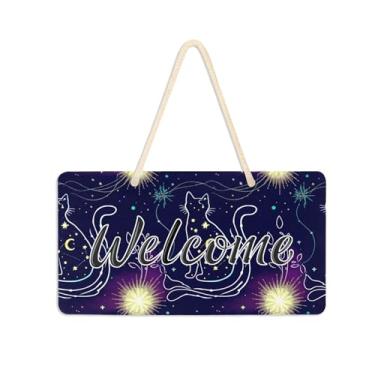 Imagem de Burbuja Placa de boas-vindas de gato delineada para porta da frente, placa de boas-vindas de PVC para decoração de férias de casa de fazenda, 15 x 28 cm