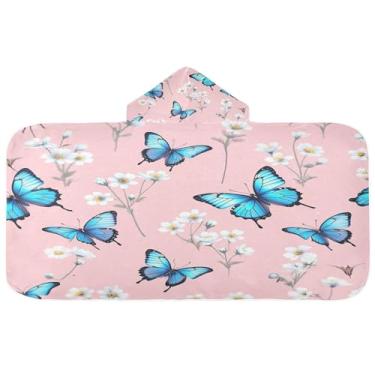 Imagem de Burbuja Toalha de banho com capuz de flores brancas borboletas azuis para crianças, toalha de praia de pelúcia macia absorvente para meninas e meninos 3-10 anos, 61 x 127 cm