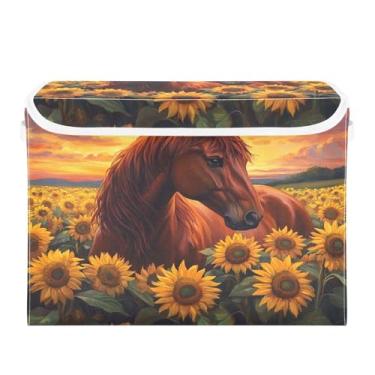 Imagem de CEBUGI Caixotes de armazenamento com tampas, caixa de armazenamento de tecido dobrável, compartimentos organizadores de cubo de girassol para armário de casa prateleiras de quarto 40 x 30 x 30 cm