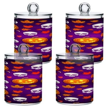 Imagem de STAYTOP 4 frascos de boticário Qtip para banheiro com etiquetas – Recipiente de armazenamento Qtip de plástico transparente acrílico para bola de algodão, cotonete, grão de café, abóbora e caveira