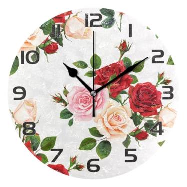 Imagem de YETTASBIN Relógio de parede rosas, silencioso, sem tique-taque, operado por bateria, relógio redondo decorativo criativo para cozinha, sala de estar, banheiro, decoração de escritório em casa, escola