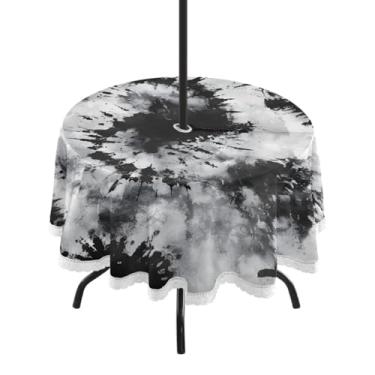Imagem de CEBUGI Toalha de mesa redonda para uso ao ar livre, fundo tingido preto, impermeável, com furo Umberlla, capa de mesa lavável para pátio, cozinha, sala de jantar, 152 cm