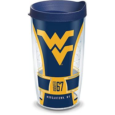 Imagem de Tervis Copo isolado West Virginia Mountaineers Spirit com envoltório e tampa de viagem azul marinho, 473 g, transparente