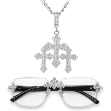 Imagem de ICE STAR Conjunto masculino Iced-Out Triple Cross – Óculos de sol sem moldura com colar combinando, presente de luxo para ele