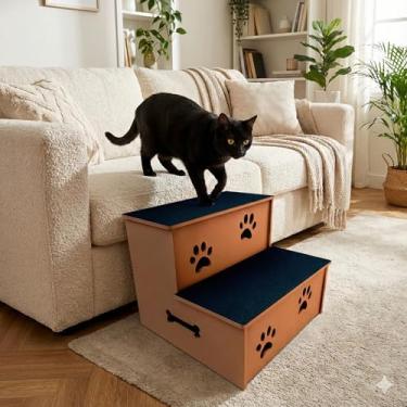 Imagem de Escada para Pets 2 Degraus MDF 33x31cm Antiderrapante para Sofá e Cama Suporta até 40kg