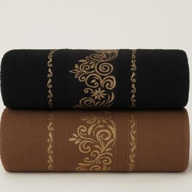 Imagem de Jogo de Toalha de Banho Conjunto de Duas PeçAs 100% AlgodãO Puro Excelente AbsorçãO de áGua Adequado para uso No Banheiro em Viagens Na NataçãO ou Na Academia(Kit 2Toalhas–Preto&Marrom)