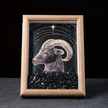 Imagem de Moldura de cristal natural com 12 signos do zodíaco, 12 signos do zodíaco, céu noturno ou decoração de parede, meditação Yoga Reiki presente de aniversário - Capricórnio - Obsidiana