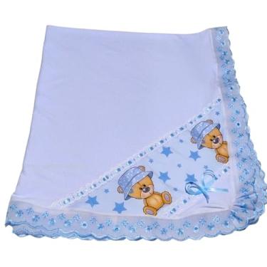 Imagem de Cueiro Manta de Malha 80x90cm para Bebê Urso Azul – Algodão Macio, Faixa Digital Estampada e Acabamento em Bordado Inglês Delicado