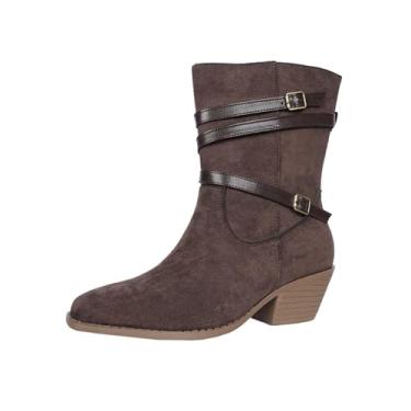 Imagem de Botas femininas no tornozelo com fivela de cinto, bico fino, zíper lateral e salto médio grosso para um visual elegante, Marrom, 39