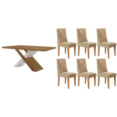Imagem de Sala Jantar Mesa Imperatriz Tampo Curvo 180cm+6 Cadeiras Pietá Madeira Naturale/Off White - Capuccino/Linho Bege - Rufato