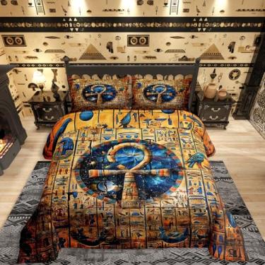Imagem de Jogo de cama com estampa egípcia dourada com estampa de hieróglifos do antigo Egito, para decoração de quarto de crianças, meninos, meninas e adultos, edredom retrô da civilização egípcia, enchimento