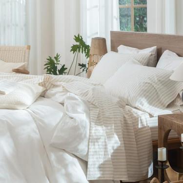 Imagem de MooMee Conjunto de lençóis listrados 100% algodão lavado, linho, texturizado, respirável, durável, macio e confortável (listras clássicas cinza leite amêndoa, King)