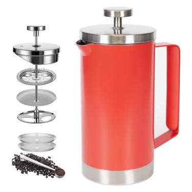 Imagem de Meelio Cafeteira francesa pequena de 600 ml, prensa francesa de aço inoxidável com isolamento de parede dupla para acampamento, inclui 2 fliters extras e 1 colher de café (2-4 xícaras, 590 g) vermelha