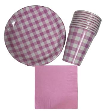 Imagem de Kit Festa Xadrez Rosa: 8 Copos + 8 Pratos + 20 Guardanapos