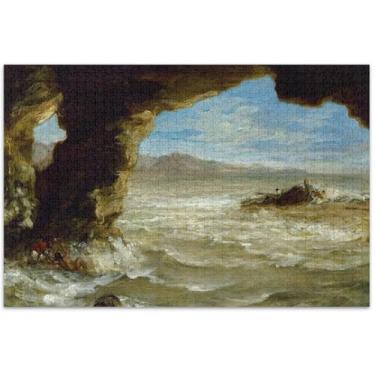 Imagem de Eugène Delacroix Pintura Shipwreck Coast 1000 peças quebra-cabeças para adultos paisagem arte decoração personalizada grande quebra-cabeça família amantes presentes, 75 x 40 centímetros
