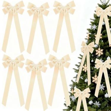 Imagem de 6 peças de decorações de Natal grandes com laços bege, laços de veludo boho para decoração externa de árvore de Natal, fita decorativa pré-fabricada com laço torcido para guirlanda de guirlanda de