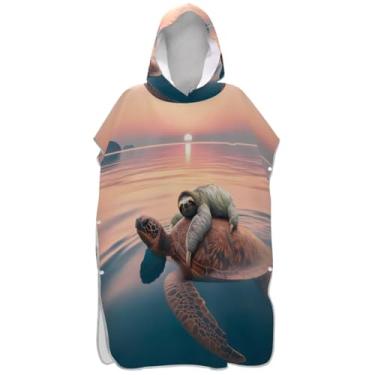 Imagem de Joisal Roupão reutilizável para troca de poncho de surfe para adultos toalhas de banho com capuz preguiça e tartaruga marinha poncho adulto unissex com capuz