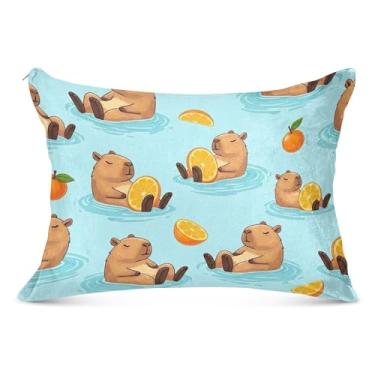 Imagem de Lindas capas de almofada de flanela capivaras laranjas decorativas animal floral padrão king queen size fronha para cama de casa, tamanho padrão, 51 x 66 cm